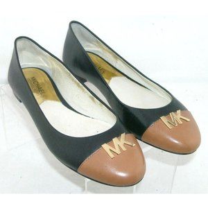 Michael Kors Hayley black leather brown cap toe MK logo ballet flats 7M